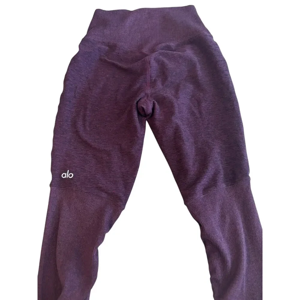 ALO YOGA HIGH-WAIST GODDESS RIBBED LEGGINGS SPACE DYE MAROON SIZE XXS DAMAGED